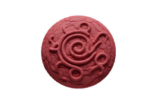 Ancient red stone orb with swirling spiral symbol isolated on transparent background