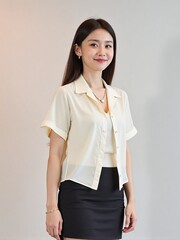 High-quality studio photo of a modern businesswoman in office outfit, smiling confidently with relaxed posture against a clean solid background, professional and elegant look
