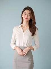 High-quality studio photo of a modern businesswoman in office outfit, smiling confidently with relaxed posture against a clean solid background, professional and elegant look
