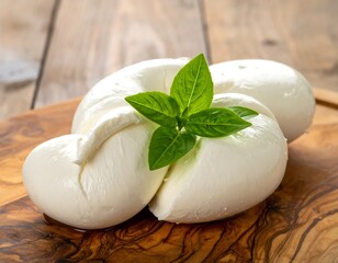 Close-up of a fresh, milky white, braided cheese topped with herbs