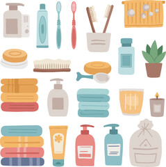 Collection of bathroom and personal care items flat design elements for hygiene and beauty concepts isolated on transparent background Vector