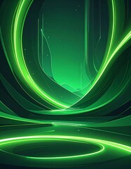 Abstract vibrant green light trails in a stylized, curving design