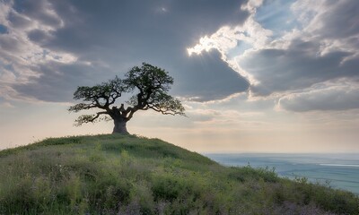 Lone Tree on Grassy Hilltop Under Cloudy Sky with Sunbeams