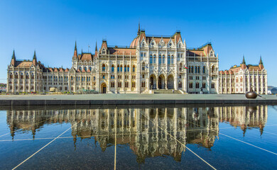 Hungarian Parliament in Budapest with Ferenc Rakoczi II statue on a sunny day.