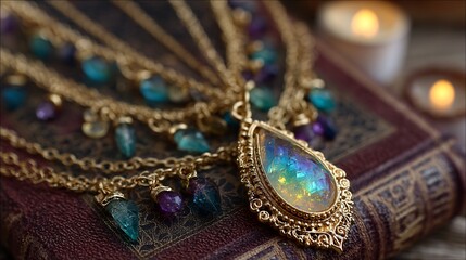 Obraz premium Elegant gold necklace with colorful gemstones on vintage book