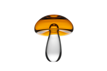 Artistic amber and clear glass mushroom sculpture isolated on transparent background
