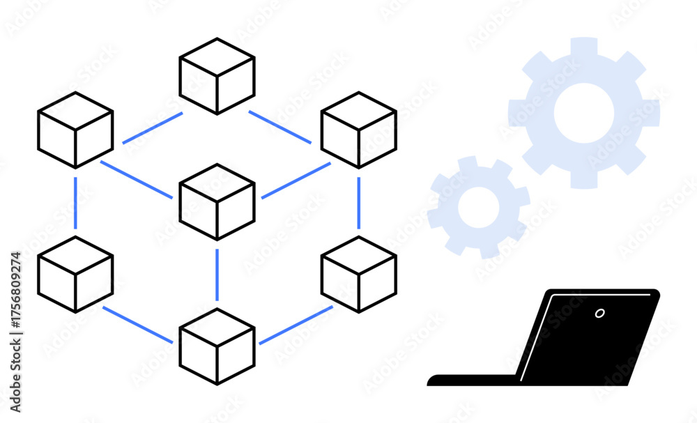 Wall mural connected cubes forming a network pattern next to a laptop and gears. ideal for blockchain, technolo