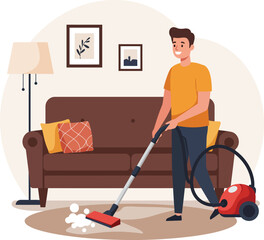 Man vacuuming carpet in cozy living room with sofa and artwork home cleaning scene isolated on transparent background Vector