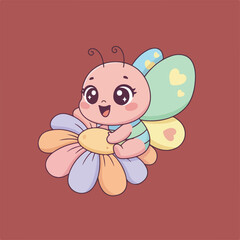 A delightful cartoon image showcases a baby butterfly with a smiling face, sitting on a pastel-colored daisy, set against a solid maroon background.