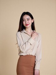 High-quality studio photo of a modern businesswoman in office outfit, smiling confidently with relaxed posture against a clean solid background, professional and elegant look

