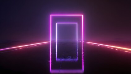 Abstract futuristic glowing neon rectangular portal with vibrant pink and purple light trails receding into a dark reflective digital tunnel