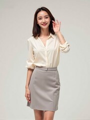 High-quality studio photo of a modern businesswoman in office outfit, smiling confidently with relaxed posture against a clean solid background, professional and elegant look

