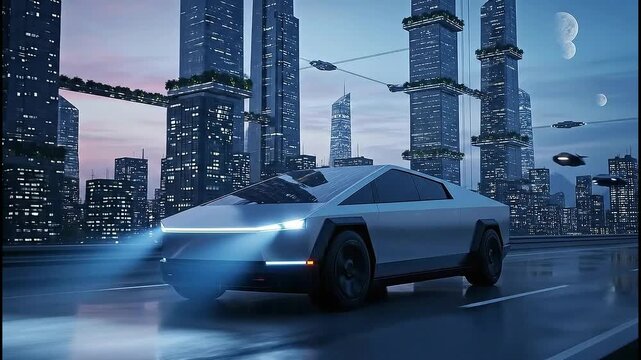 Futuristic Metropolis and electric car: A sleek electric car cruises along a road in a modern city with high-rise buildings and advanced technology.