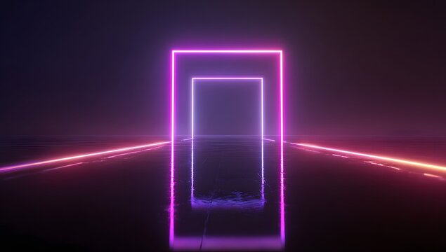 Abstract futuristic glowing neon rectangular portal with vibrant pink and purple light trails receding into a dark reflective digital tunnel