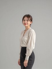 High-quality studio photo of a modern businesswoman in office outfit, smiling confidently with relaxed posture against a clean solid background, professional and elegant look
