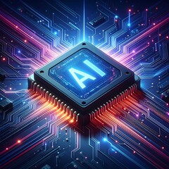 Close-up of a glowing CPU with "AI" displayed in the center
