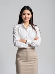 High-quality studio photo of a modern businesswoman in office outfit, smiling confidently with relaxed posture against a clean solid background, professional and elegant look
