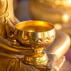 Close-up of a gold offering bowl held by a golden statue's hands