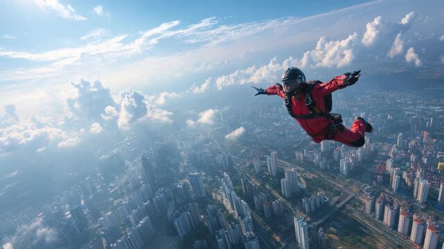 Soaring Above the City: An individual in a vibrant red jumpsuit fearlessly leaps from the sky, with the cityscape below. Capturing the awe-inspiring view of urban exploration 