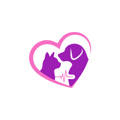 Heart-Shaped Pet Care Logo with Dog, Cat, and Heartbeat Line