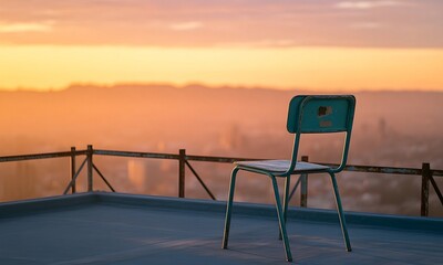 Lonely Chair on Rooftop Overlooking City at Sunset