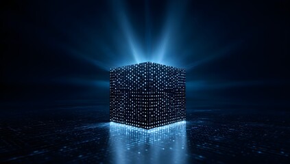 Futuristic digital cube structure illuminated by brilliant blue light beams emanating from its top and base in a dark abstract environment representing data or technology concepts