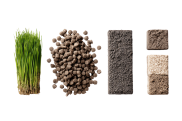 Four different soil textures, from vibrant green grass to various shades of brown and beige soils
