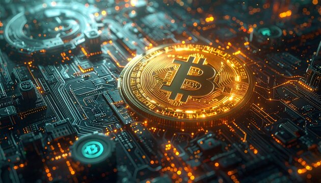 Close-up of a golden digital coin on a futuristic motherboard