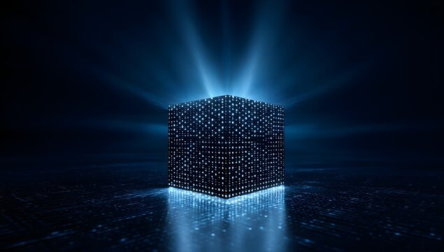 Futuristic digital cube structure illuminated by brilliant blue light beams emanating from its top and base in a dark abstract environment representing data or technology concepts