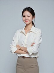 High-quality studio photo of a modern businesswoman in office outfit, smiling confidently with relaxed posture against a clean solid background, professional and elegant look
