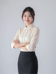 High-quality studio photo of a modern businesswoman in office outfit, smiling confidently with relaxed posture against a clean solid background, professional and elegant look
