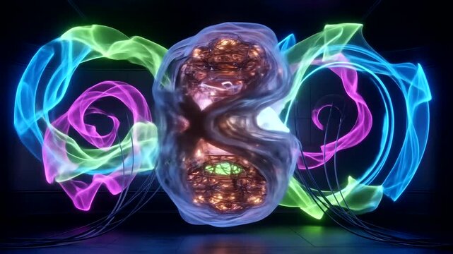 Futuristic abstract entity with glowing energy ribbons on a dark background.