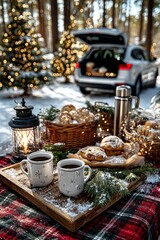 Fototapeta premium Celebración de Navidad y Año Nuevo en un bosque europeo nevado, con dulces y café