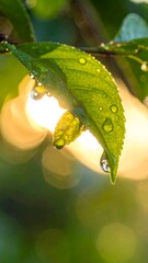 Close-up of a green leaf with water droplets, backlit by sunshine