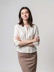 High-quality studio photo of a modern businesswoman in office outfit, smiling confidently with relaxed posture against a clean solid background, professional and elegant look

