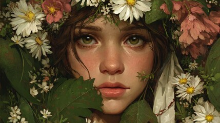 Young Woman Surrounded by Flowers and Greenery in Soft Light