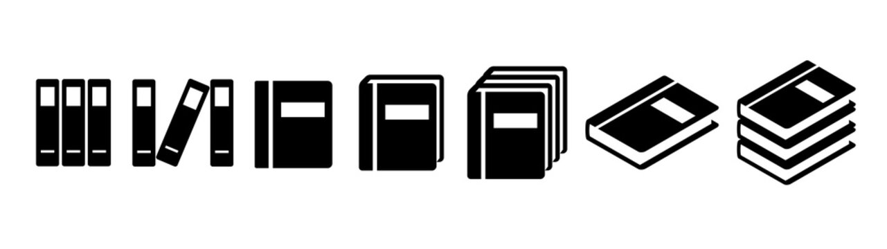 Monochrome book icons. Books on bookshelf, stacked, isometric, flat, 3D and more.