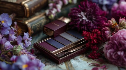 Luxurious Makeup Palette Surrounded by Fresh Flowers and Elegant Books