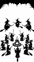 Vector silhouette of witches gathered in a ritual circle around a fire, fantasy Halloween illustration with broomsticks and cloaks, dark mystical theme ideal for posters, occult art, and seasonal grap