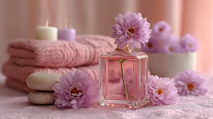 Elegant Floral Perfume Bottle with Lavender Flowers and Candles