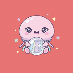 A cute pink jellyfish with big eyes sits against a salmon-colored background, holding a glass orb filled with pastel colors and surrounded by stars.