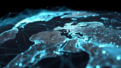 Illuminated global network of light trails connecting continents across a dark planet representing digital connectivity and futuristic technology
