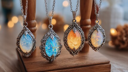 Elegant Vintage Necklaces with Colorful Opal Pendants on Display