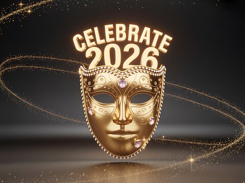 Golden venetian masquerade mask adorned with celebrate 2026 text evoking a festive and luxurious new year s eve celebration