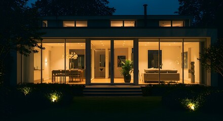 Modern Home Exterior with Glass Windows at Night