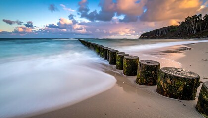 Fototapeta premium Beautiful seaside view with wooden breakwaters, sandy beach