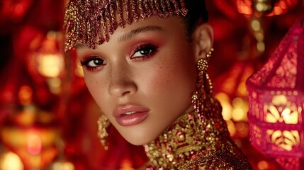 Elegant Portrait of a Woman with Intricate Makeup and Jewelry