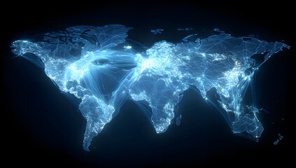 Abstract glowing blue world map formed from swirling light particles and energy streams against a dark background representing global connection and digital networks