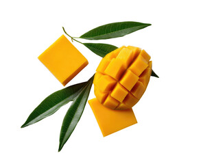 Mango cubes and leaves, vibrant yellow, geometric