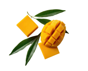 Mango cubes and leaves, vibrant yellow, geometric